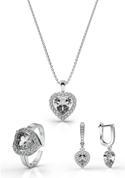 925 Ayar Zirkon Taşlı Rodyum Pırlanta Işıltılı Kalp 3'lü Gümüş Set-Takım *ayarlanabilir modelleri