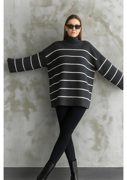 Çizgili Ispanyol Kol Triko Boğazlı Kazak Antrasit Elf fiyatları