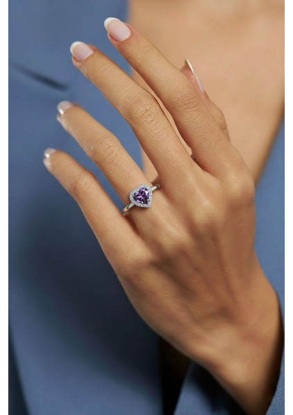 925 Ayar Ametist Taşlı Rodyum Pırlanta Işıltılı Kalp Ayarlanabilir Gümüş Yüzük fiyatları