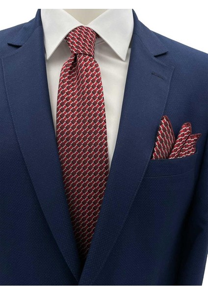 7 cm Kırmızı Siyah Beyaz Desenli Kravat Mendil Set