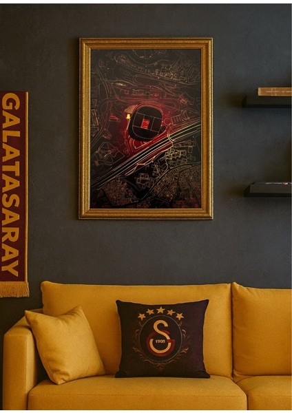 Galatasaray – Rams Park Gece Haritası Tasarım Altın Çerçeveli Dekoratif Duvar Tablosu