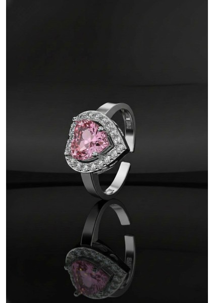 925 Ayar Pembe Taşlı Rodyum Pırlanta Işıltılı Kalp Ayarlanabilir Gümüş Yüzük