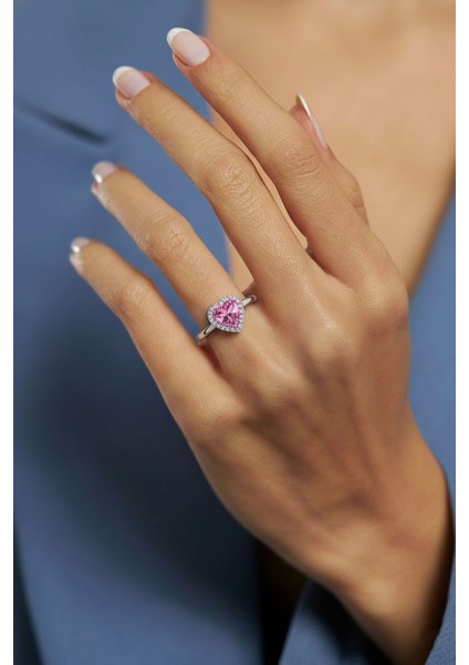 925 Ayar Pembe Taşlı Rodyum Pırlanta Işıltılı Kalp Ayarlanabilir Gümüş Yüzük fiyatları