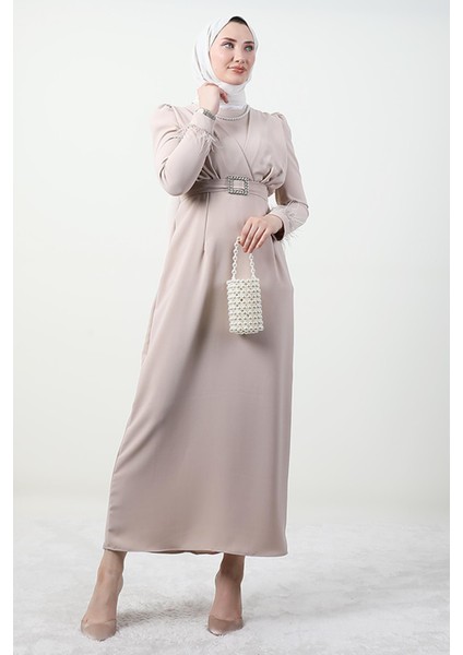 Tüy Detay Tesettür Elbise Açık Pudra modelleri