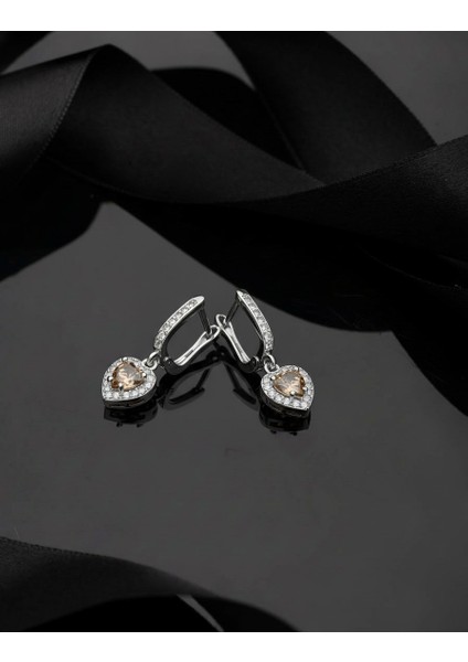 925 Ayar Sitrin Taşlı Rodyum Pırlanta Işıltılı Sallantılı Kalp Gümüş Küpe