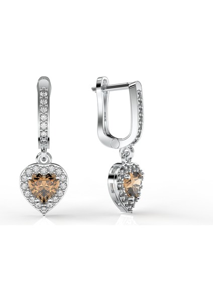 925 Ayar Sitrin Taşlı Rodyum Pırlanta Işıltılı Sallantılı Kalp Gümüş Küpe modelleri