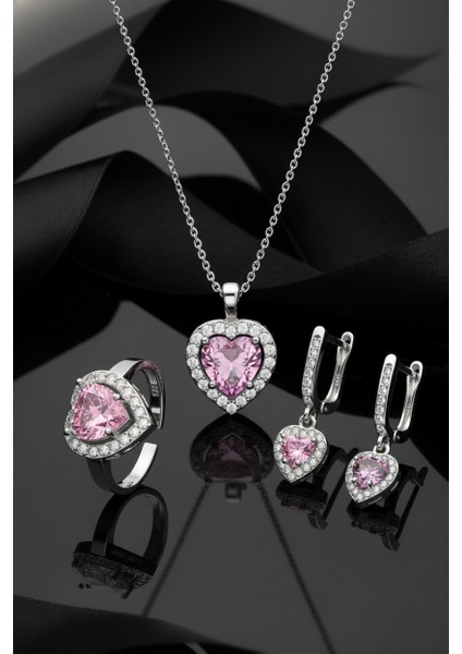 925 Ayar Pembe Taşlı Rodyum Pırlanta Işıltılı Kalp 3'lü Gümüş Set-Takım *ayarlanabilir