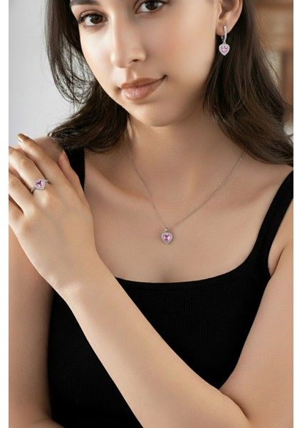 925 Ayar Pembe Taşlı Rodyum Pırlanta Işıltılı Kalp 3'lü Gümüş Set-Takım *ayarlanabilir fiyatları