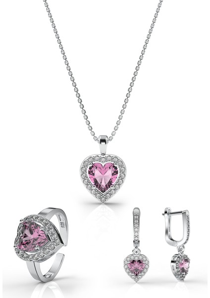 925 Ayar Pembe Taşlı Rodyum Pırlanta Işıltılı Kalp 3'lü Gümüş Set-Takım *ayarlanabilir modelleri