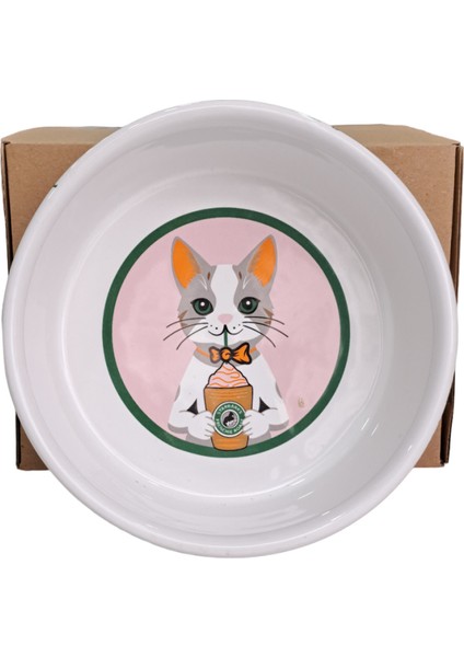 Kedi Seramik Kahve Içen Mama Su Kabı 400 ml
