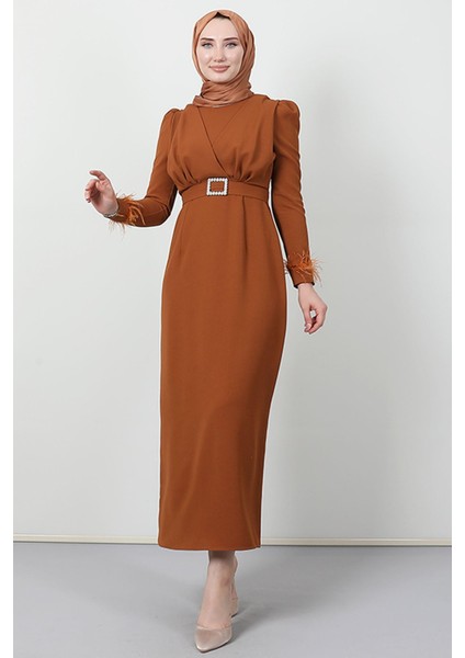 Tüy Detay Tesettür Elbise Hardal fiyatları