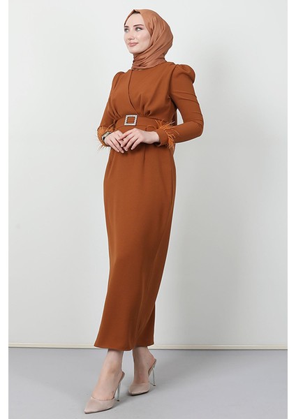 Tüy Detay Tesettür Elbise Hardal modelleri