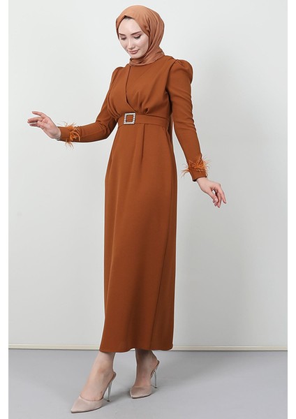 Tüy Detay Tesettür Elbise Hardal fırsatları