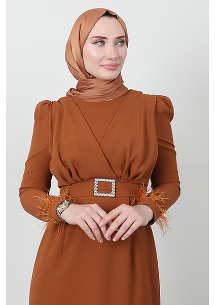 Tüy Detay Tesettür Elbise Hardal indirimleri