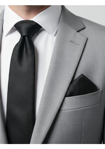 Oxford Kuşgözü Desen Ince Slim Kravat ve Cep Mendili