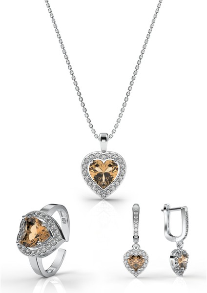 925 Ayar Sitrin Taşlı Rodyum Pırlanta Işıltılı Kalp 3'lü Gümüş Set-Takım *ayarlanabilir modelleri
