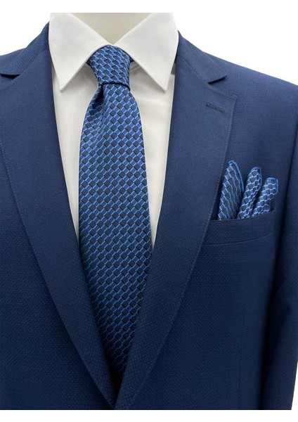 7 cm Mavi Siyah Desenli Kravat Mendil Set