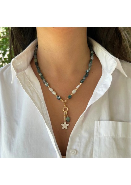 El Yapımı Tımbıl Hint Akik ve Ay Taşı Doğal Taş Çiçek Uçlu Özel Tasarım Kadın Doğaltaş Kolye