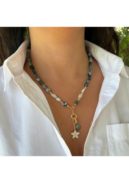 El Yapımı Tımbıl Hint Akik ve Ay Taşı Doğal Taş Çiçek Uçlu Özel Tasarım Kadın Doğaltaş Kolye fiyatları