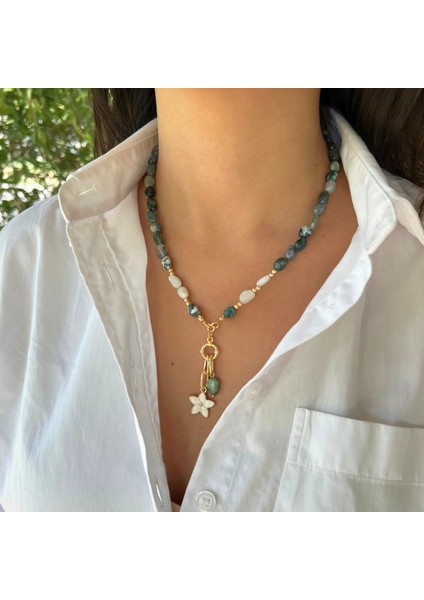 El Yapımı Tımbıl Hint Akik ve Ay Taşı Doğal Taş Çiçek Uçlu Özel Tasarım Kadın Doğaltaş Kolye modelleri