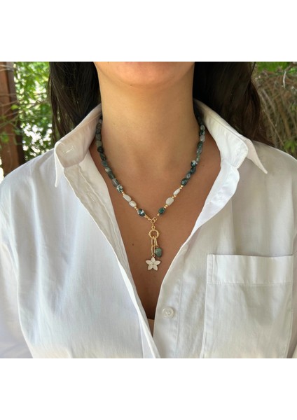 El Yapımı Tımbıl Hint Akik ve Ay Taşı Doğal Taş Çiçek Uçlu Özel Tasarım Kadın Doğaltaş Kolye fırsatları