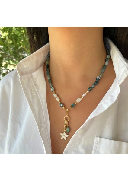 El Yapımı Tımbıl Hint Akik ve Ay Taşı Doğal Taş Çiçek Uçlu Özel Tasarım Kadın Doğaltaş Kolye indirimleri