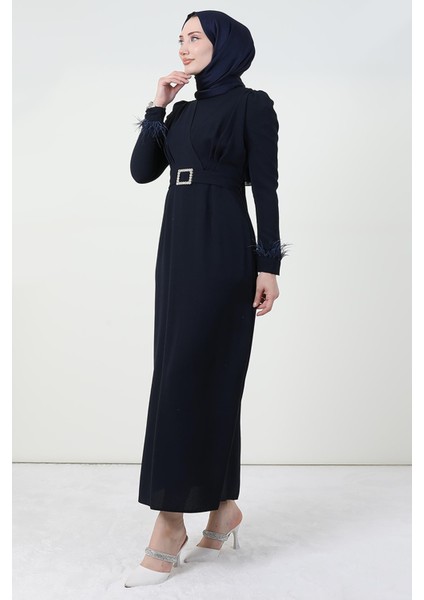 Tüy Detay Tesettür Elbise Koyu Lacivert