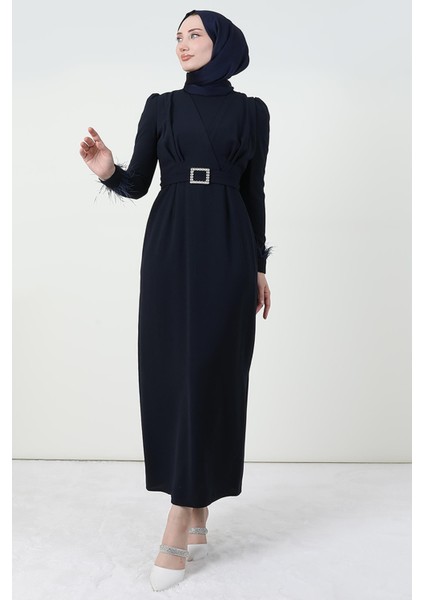 Tüy Detay Tesettür Elbise Koyu Lacivert fiyatları