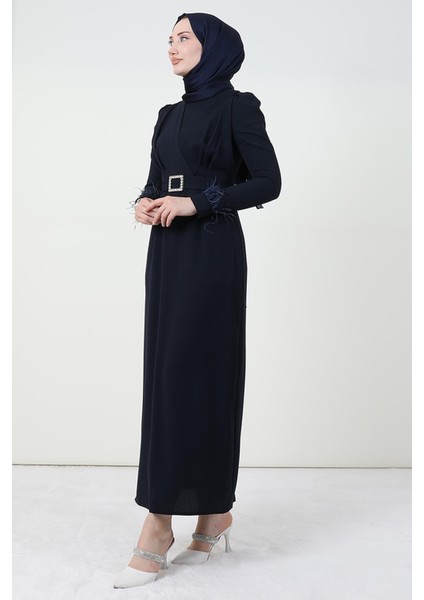 Tüy Detay Tesettür Elbise Koyu Lacivert modelleri