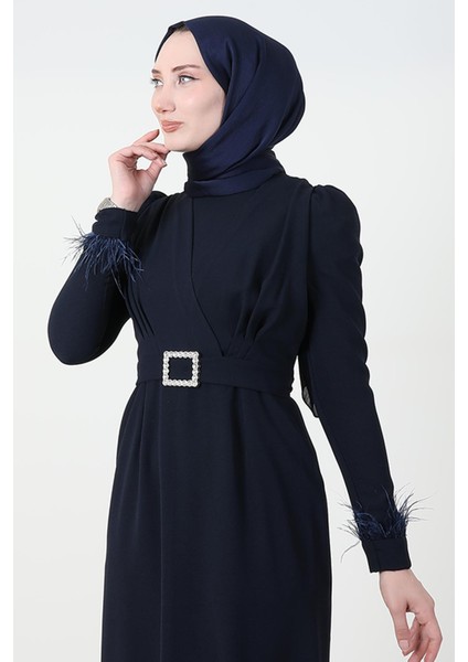 Tüy Detay Tesettür Elbise Koyu Lacivert indirimleri
