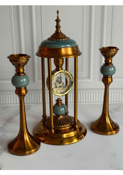 Antik Saatli 3 Parça Konsol Seti Yeşil