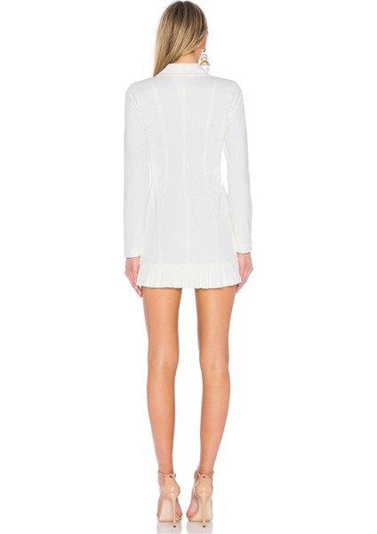 Beyaz Özel Tasarım Ceket Elbise , Uzun Kollu Derin V Yaka Pileli Beyaz Elbise modelleri