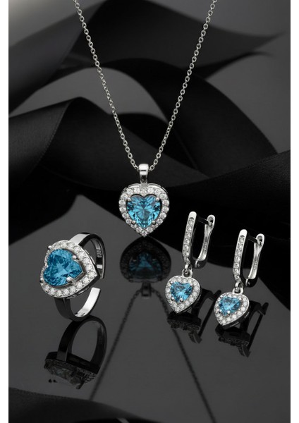 925 Ayar Akuamarin Taşlı Rodyum Pırlanta Işıltılı Kalp 3'lü Gümüş Set-Takım *ayarlanabilir