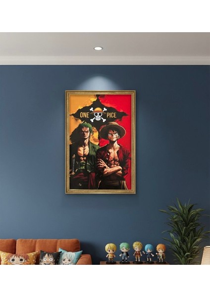 One Piece – Luffy & Zoro Ikili Poster Tasarım Altın Çerçeveli Dekoratif Duvar Tablosu