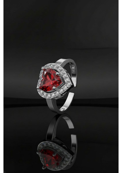 925 Ayar Lal Taşlı Rodyum Pırlanta Işıltılı Kalp Ayarlanabilir Gümüş Yüzük