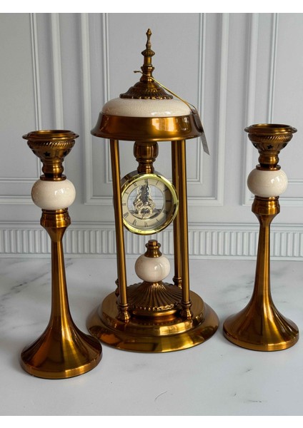 Antik Saatli 3 Parça Konsol Seti Krem