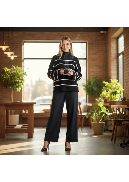 Çizgili Ispanyol Kol Triko Boğazlı Kazak Siyah Elf