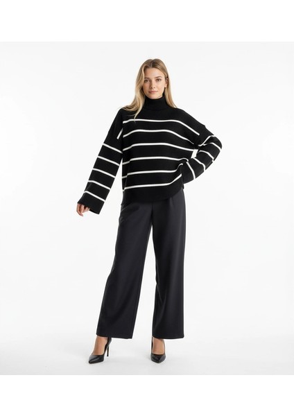 Çizgili Ispanyol Kol Triko Boğazlı Kazak Siyah Elf fiyatları