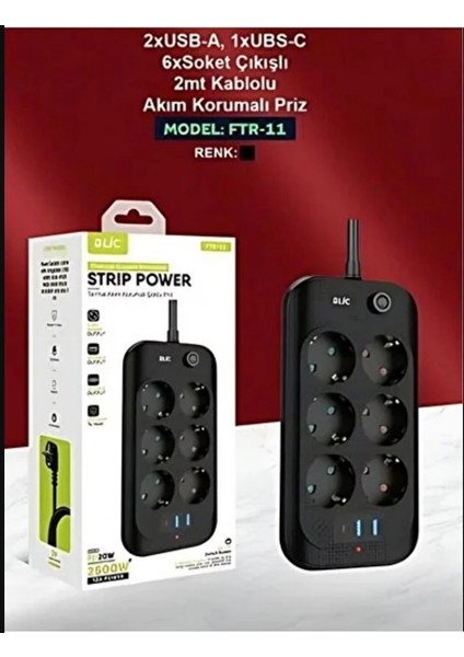Ftr-11 Termal Akım Korumalı 6 Priz 3 USB Girişli 2 Metre Uzatma Kablolu Priz