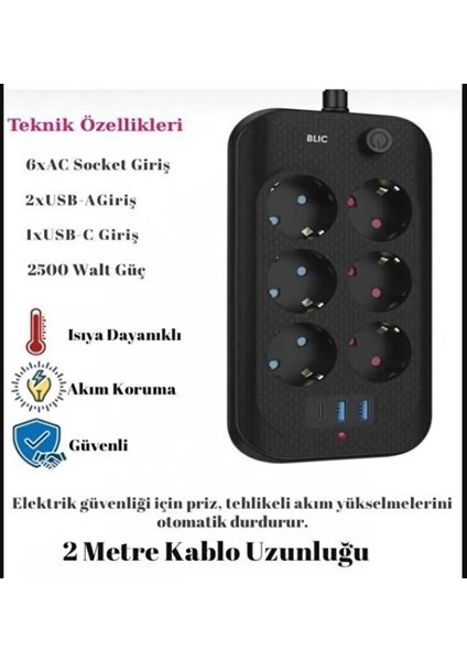 Ftr-11 Termal Akım Korumalı 6 Priz 3 USB Girişli 2 Metre Uzatma Kablolu Priz fiyatları