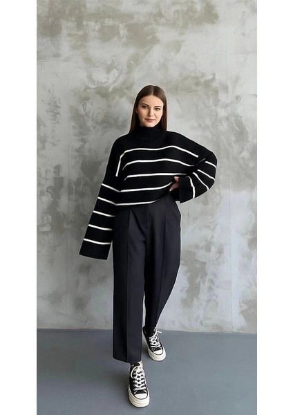 Çizgili Ispanyol Kol Triko Boğazlı Kazak Siyah Elf modelleri