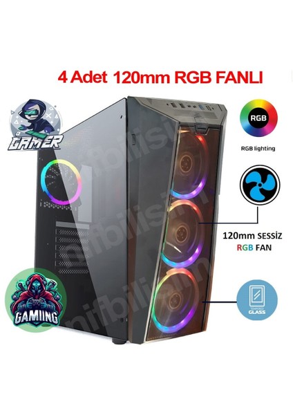 Nif Bilişim 4 Adet RGB Işıklı Fanlı Oyuncu Gamer Bilgisayar Kasası Temper Camlı PSU Hariç