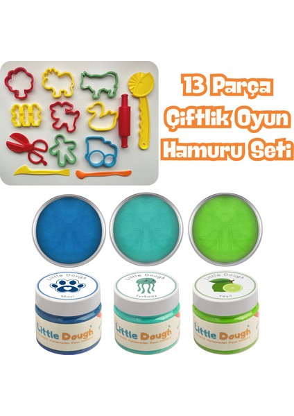 - 13 Parça Çiftlik Hayvanları Doğal Oyun Hamuru Seti - 3X150GR Doğal Oyun Hamuru - Mavi, Turkuaz, Yeşil