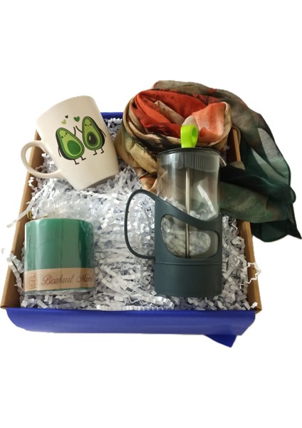 Öğretmeler Günü Özel Hediye Seti, Avokado Kupa, Büyük Boy Fular, French Press, Mum