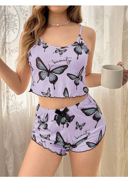 Kelebek Desenli Askılı Şortlu Ev Kombini Rahat Esnek Günlük Pijama Takımı