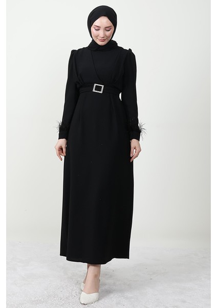 Tüy Detay Tesettür Elbise Siyah modelleri
