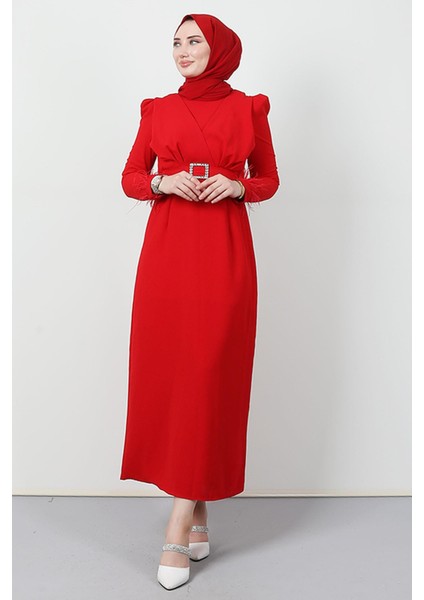 Tüy Detay Tesettür Elbise Kırmızı