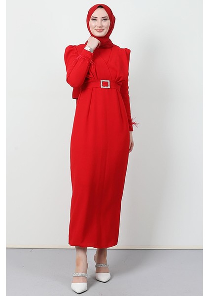 Tüy Detay Tesettür Elbise Kırmızı fiyatları