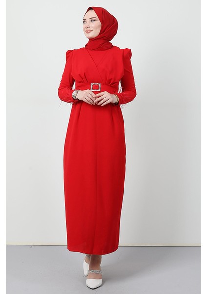 Tüy Detay Tesettür Elbise Kırmızı fırsatları