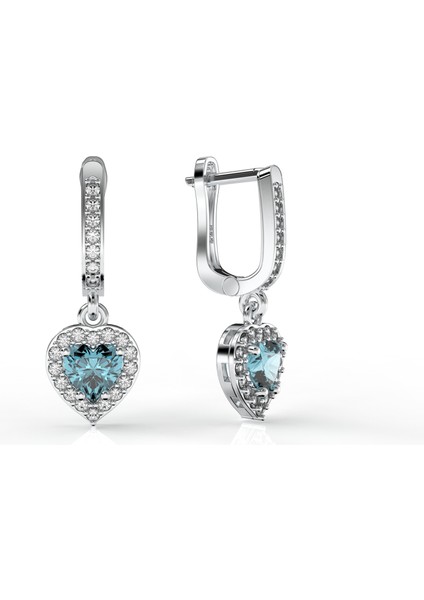 925 Ayar Akuamarin Taşlı Rodyum Pırlanta Işıltılı Sallantılı Kalp Gümüş Küpe modelleri